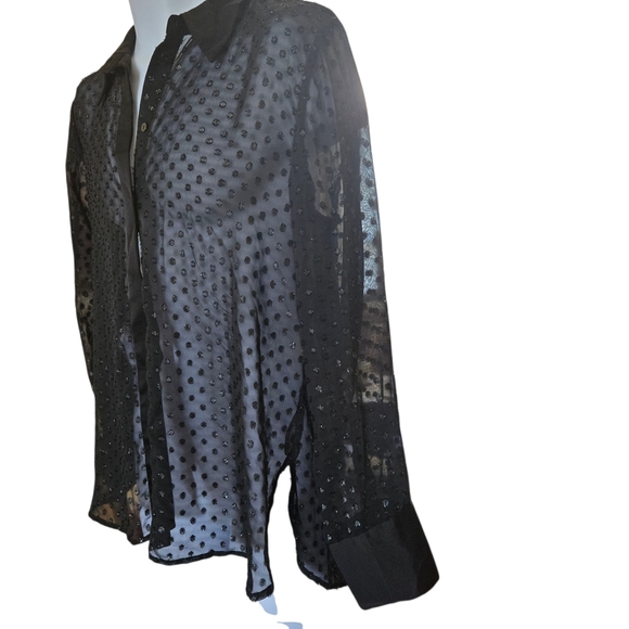 Sheer Black Polka Dot Button Up Shirt Long Sleeve Collar - Picture 3 of 9